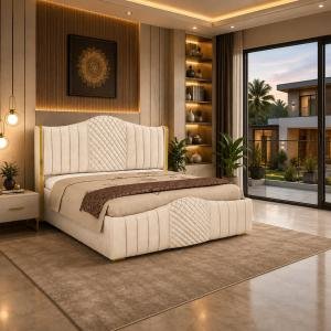 King Size Modern Upholstered Bed with Box Storage for Bedroom | Solid Wood Platform Bed with Premium Fabric Headboard | Storage Double Bed for Master Bedroom | Beige