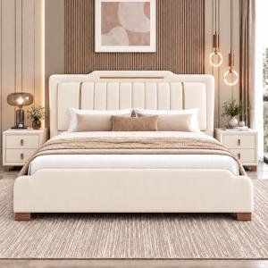 Upholstered Beige Bed with Headboard, Wooden King Size Upholstery Storage Bed