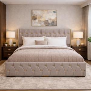 Upholstered Queen Size Bed with Box Storage for Bedroom | Elegant Wooden Double Bed with Storage | Platform Cot Palang with Tufted Headboard | 6.5 x 5 Ft | Sheesham Wood | Navy