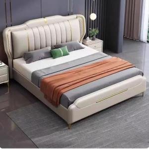 Modern Queen Size Bed Frame with Upholstered Headboard, Cream White Leather