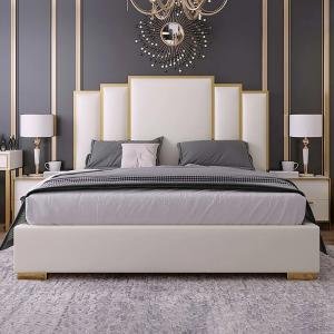 White Platform Bed Leather  King Bed with Geometric Upholstered Headboard