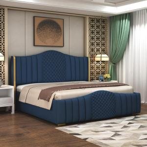 Modern Upholstered King Size Bed With Box Storage for Bedroom | Wooden Double Bed with Storage, Platform Cot Bed with Upholstery Premium Fabric | 6.5 x 6 Ft | Sheesham Wood, Navy Blue