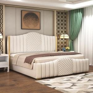 Modern Upholstered King Size Bed with Box Storage for Bedroom | Wooden Double Bed with Storage | Platform Cot Bed with Upholstery Premium Fabric, 6.5 x 6 Ft | Sheesham Wood, White
