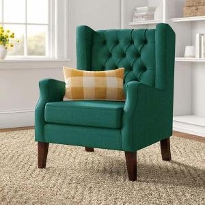 Wing Chair for Living Room, Bed Room Velvet Tufted Wing Back Accent Chair, Cushioned Lounge Chair Single Seater Sofa |Luxury Rest Chair Arm Chair Sofa (Green)