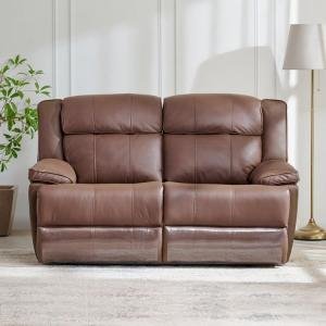 Half Leather 2-Seater Recliner Set | Recliner Sofa for Living Room | Solid Wood | Brown