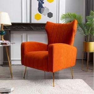 Velvet Accent Chair Mid-Century Tufted Arm Chair Gold Legs Pillow Solid Wood Living Room Chair (Orange)