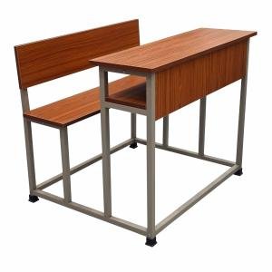 Dual Student Bench (Natural Teak) | Prelam Particle Board Top, Beige Powder Coated Frame