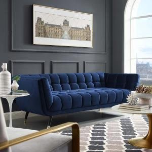 Contemporary Mid-Century Modern Performance Velvet Upholstered Tufted Sofa in Midnight Blue