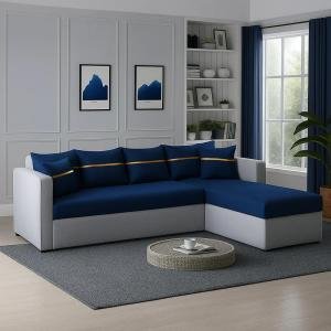 L Shape Sofa Set for Living Room | with Velvet Fabric |in Dark Blue & Light Grey Color