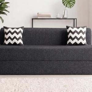 3 Seater with Extra Long Bed (6'x6.5') Foldable Sofa Cum Bed | Dark Grey Jute Finish Fabric | 2 Zigzag Cushions | 15-Inch Sofa Height