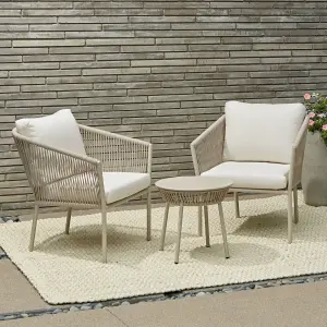 Outdoor Patio Seating Set 2 Chairs and 1 Table Set (Beige) Braided & Rope