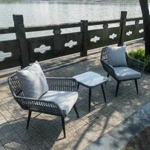 Outdoor Patio Seating Set 2 Chairs and 1 Table Set (Grey) Braided & Rope