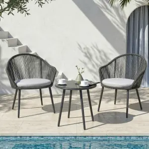 Outdoor Patio Seating Set 2 Chairs and 1 Table Set (Grey) Braided & Rope