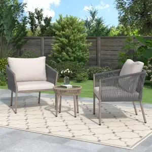 Outdoor Patio Seating Set 2 Chairs and 1 Table Set (Grey) Braided & Rope