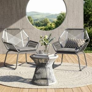 Garden Patio Seating Chair and Table Set Outdoor Balcony Garden Coffee Table Set Furniture and 2 Chairs 1 Table Set with Cushion (Light Grey and Dark Grey)