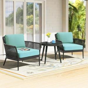 Outdoor Living with Our 3 Piece Patio Set, Grey Rope Sky Blue Cushions, Ideal for Balcony, Backyard Or Porch Provides Durability & Style