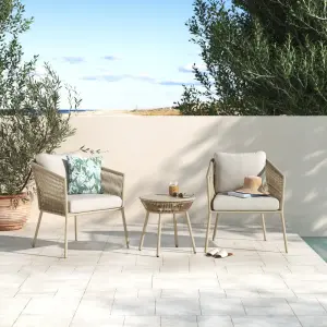 Outdoor Patio Seating Set 2 Chairs and 1 Table Set (Cream) Braided & Rope