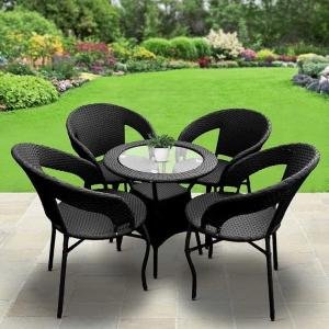 Outdoor Furniture 4 Chairs with 1 Glass Top Table | Coffee Table Set for Balcony, Garden, Terrace, Indoor, Outdoor Use (Black)