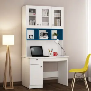 Computer Table with O/H Storage | Frosty White and Blue