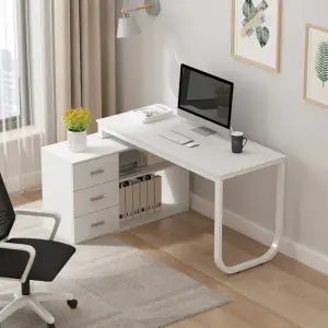 Solid Wood Reversible White L Shaped PU Computer Table for Home & Office