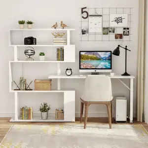White Solid Wood Reversible L Shape PU Study and Computer Table for Home & Office