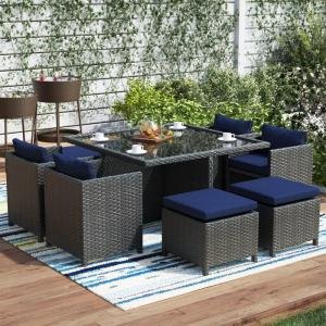 Outdoor Patio Dining Set 4 Chairs, 4 Ottoman and 1 Table (﻿Grey)