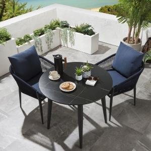Outdoor Patio Seating Set 2 Chairs and 1 Table Set (Black+Blue) Braided & Rope