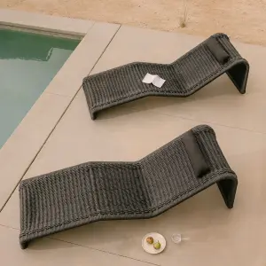 Outdoor Swimming Poolside Lounger Set of 2 (Black) Braided & Rope