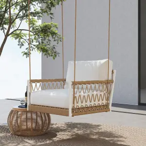 Single Seater Hanging Swing Without Stand For Balcony , Garden Swing (White + Tan) Braided & Rope