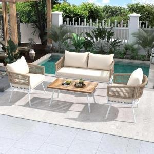 4 Seater Outdoor Rope Sofa Set | Modern Patio Furniture with All-Weather Woven Rope | Stylish & Comfortable Garden Lounge Seating (Beige)