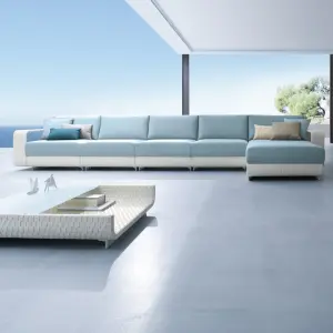Outdoor Garden Balcony Sofa Set 5 Seater ,1 Center Table With 1 Ottoman Set (White + Sky Blue)