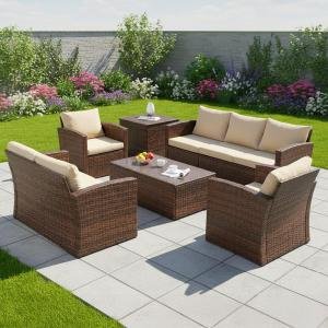 Outdoor 7 Seater Sofa Outdoor Furniture with,Center Table and Side Table for Indoor and Outdoor (Dark Brown and Cream)