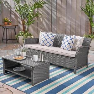 Patio Outdoor Sofa 3 Seater with Storage Table for Garden, Terrace | Rattan & Wicker Furniture with Waterproof Cushion | Patio Sofa 3 Seater (Grey)