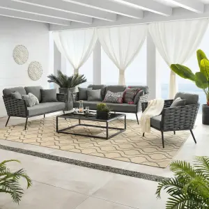 Patio Furniture Set, 4 Pieces for Porch Backyard Garden Outdoor Furniture Rope 6 Seater Sofa with Wooden Top Table Premium Conversation Set with Washable Soft Cushion in Grey Color