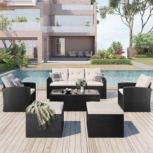 6-Piece Outdoor Wicker Sectional Sofa Set with Ottoman & Glass Top Table – All-Weather Patio Furniture with Waterproof Cushions for Garden, Deck, Porch & Poolside (Black & White)